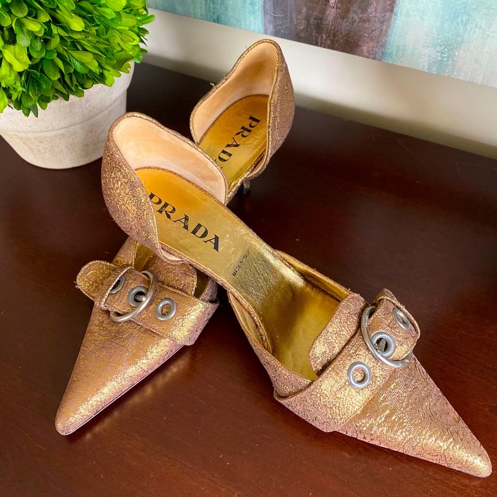 PRADA VINTAGE D’ORSAY KITTEN HEELS PUMPS GOLDEN BROCADE ICONIC BUCKLE SIZE 39.5